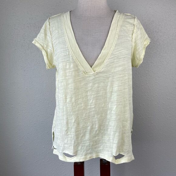 NWT We The Free Yellow V-Neck Distressed T-Shirt Size XS - Picture 1 of 8